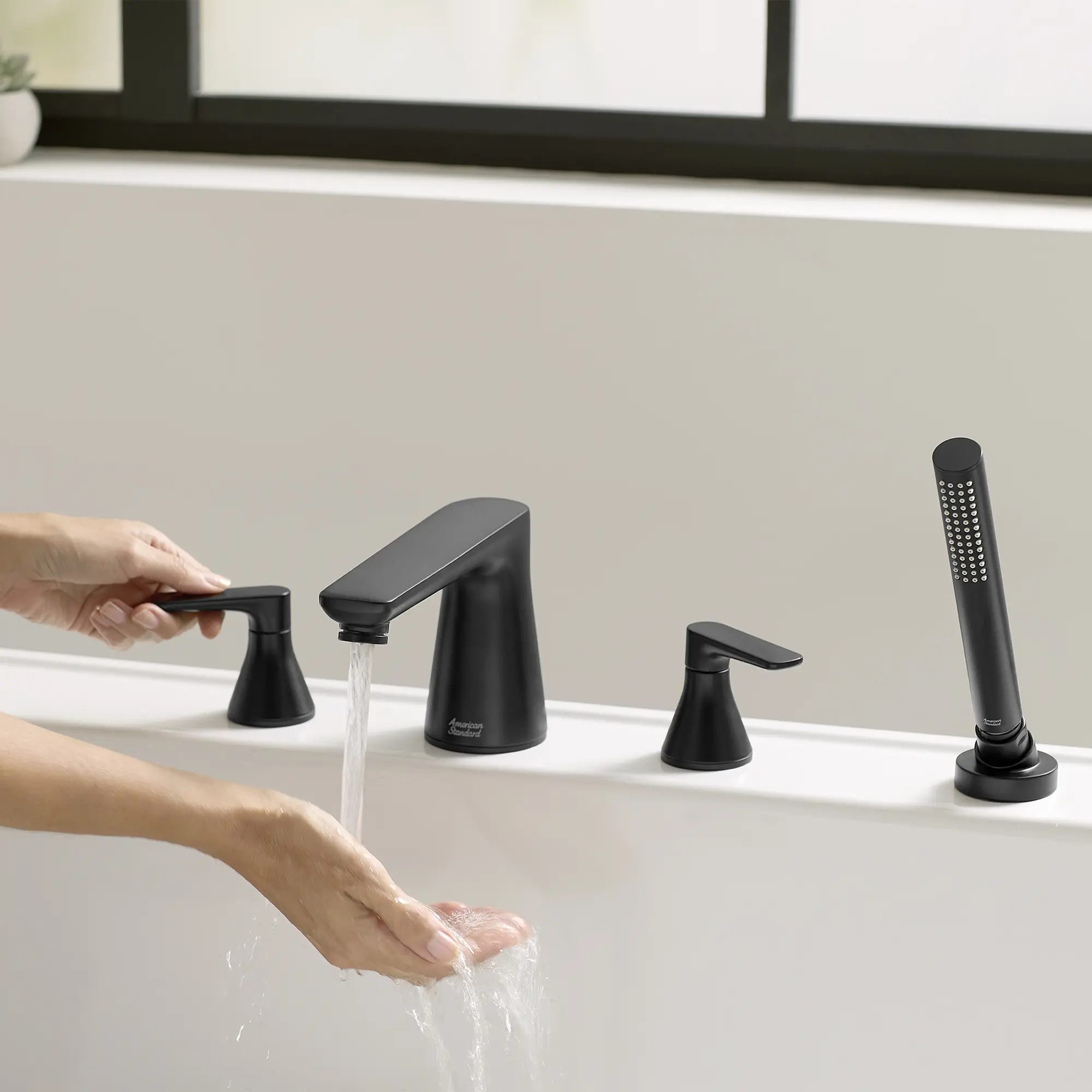 Aspirations 4-Hole 2-Handle Deck Mount Roman Tub Faucet With Lever Handles and Personal Shower - Image 46