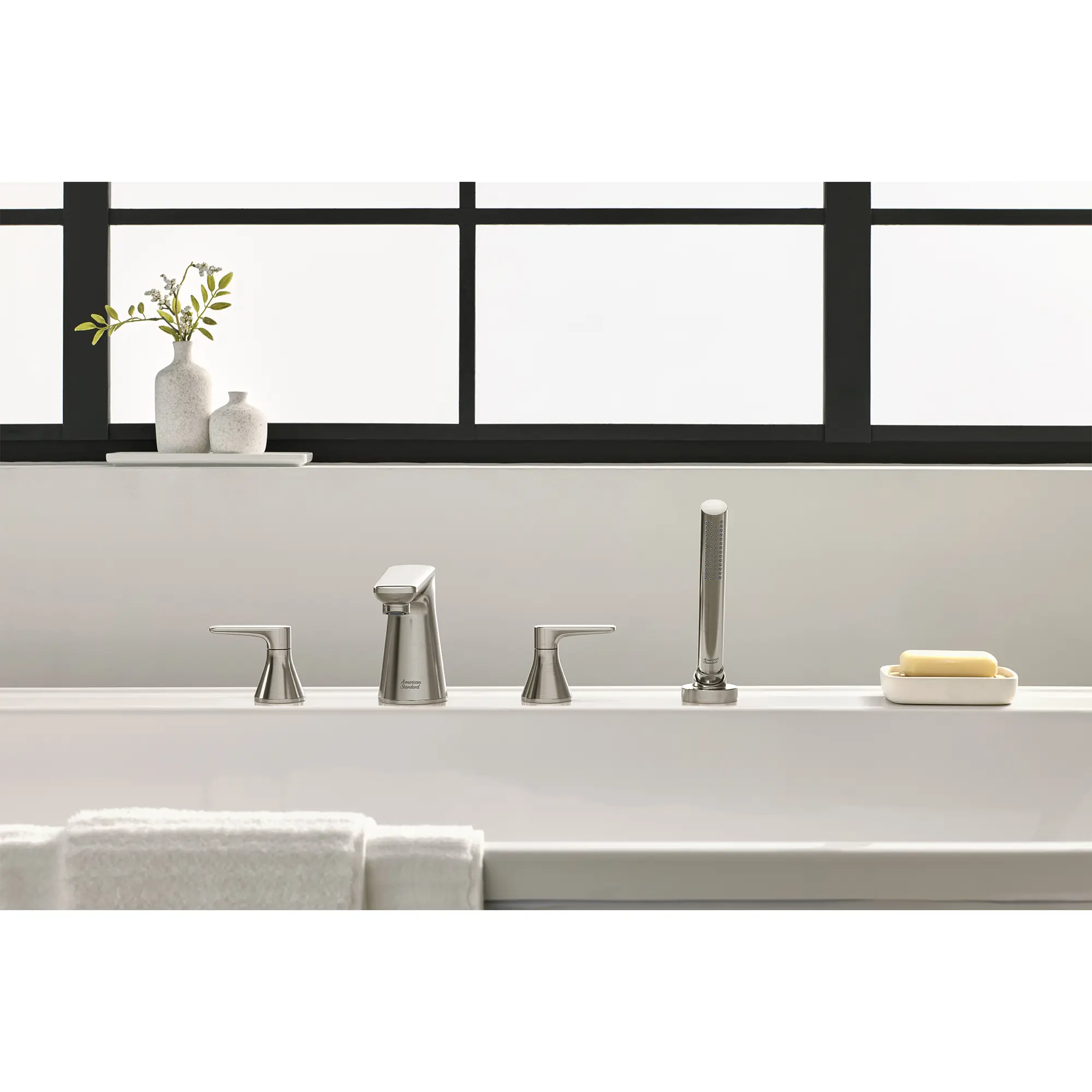 Aspirations 4-Hole 2-Handle Deck Mount Roman Tub Faucet With Lever Handles and Personal Shower - Image 6