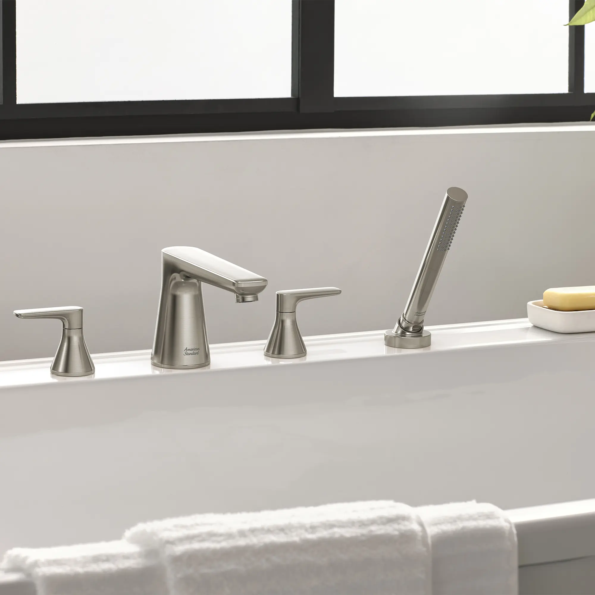 Aspirations 4-Hole 2-Handle Deck Mount Roman Tub Faucet With Lever Handles and Personal Shower - Image 7