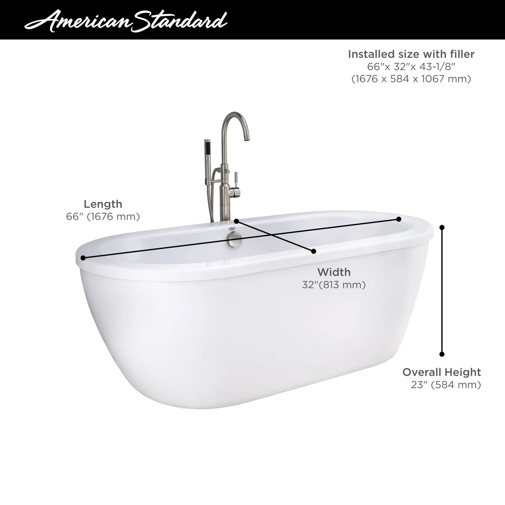 Cadet® 66 x 32-Inch Freestanding Bathtub With Brushed Nickel Finish Filler and Drain Kit - Image 7
