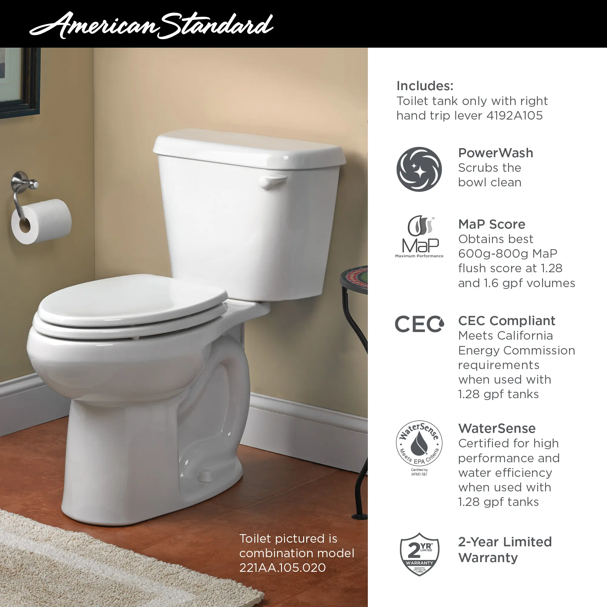 Colony 12-in. Rough-In 1.28 GPF Toilet Tank with Right Hand Trip Lever - Image 4