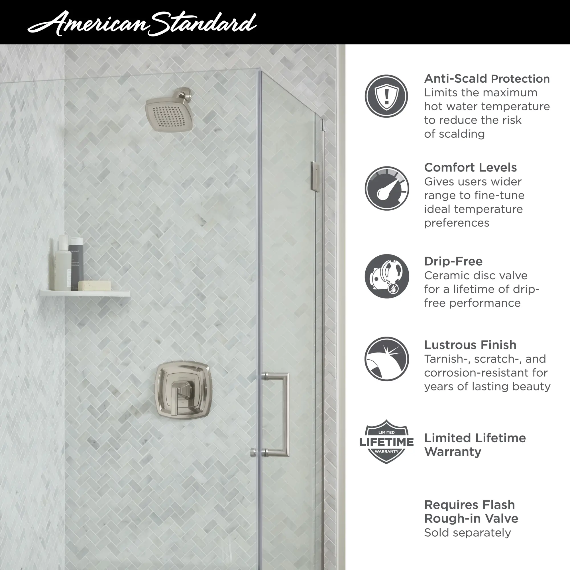 Crawford 2.5 gpm/9.5 L/min Shower Trim Kit With Showerhead, Double Ceramic Pressure Balance Cartridge With Lever Handle - Image 31