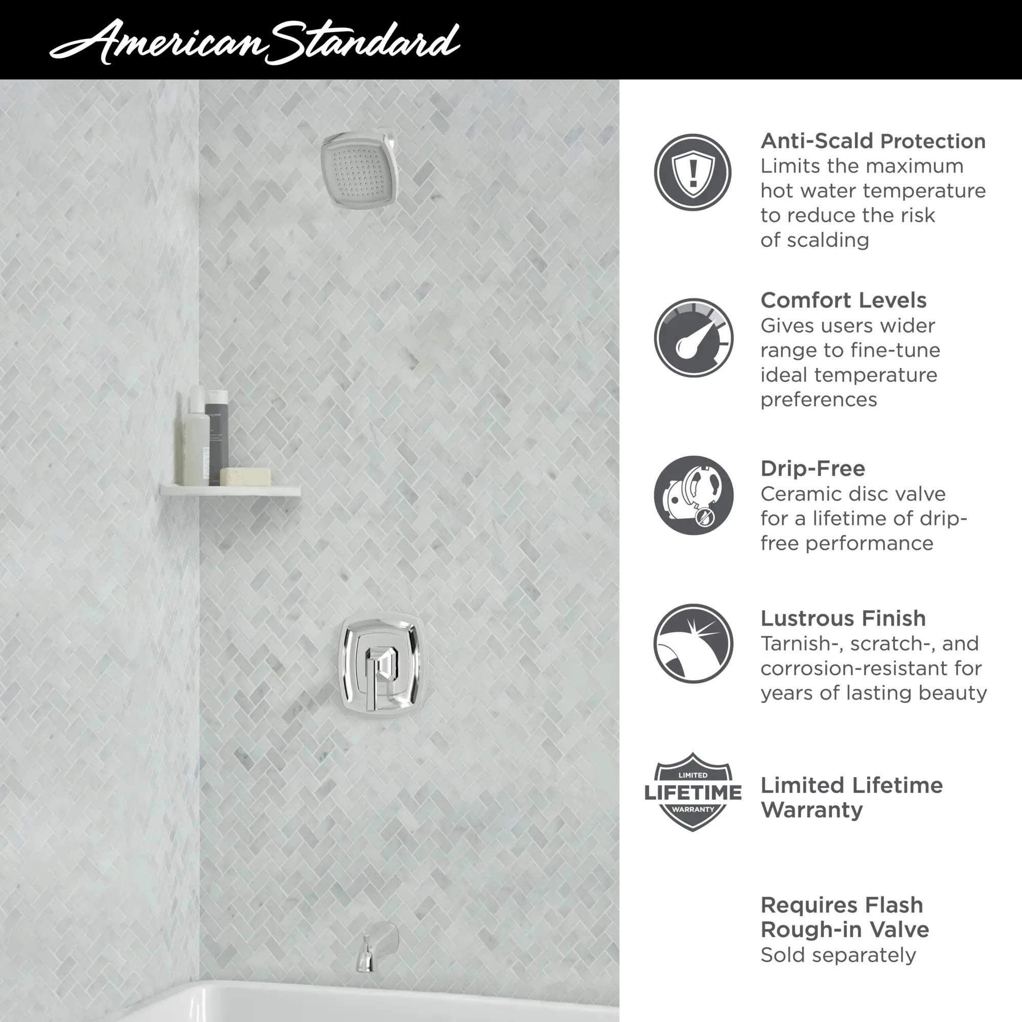 Crawford 2.5 gpm/9.5 L/min Tub and Shower Trim Kit With Showerhead, Double Ceramic Pressure Balance Cartridge With Lever Handle - Image 15