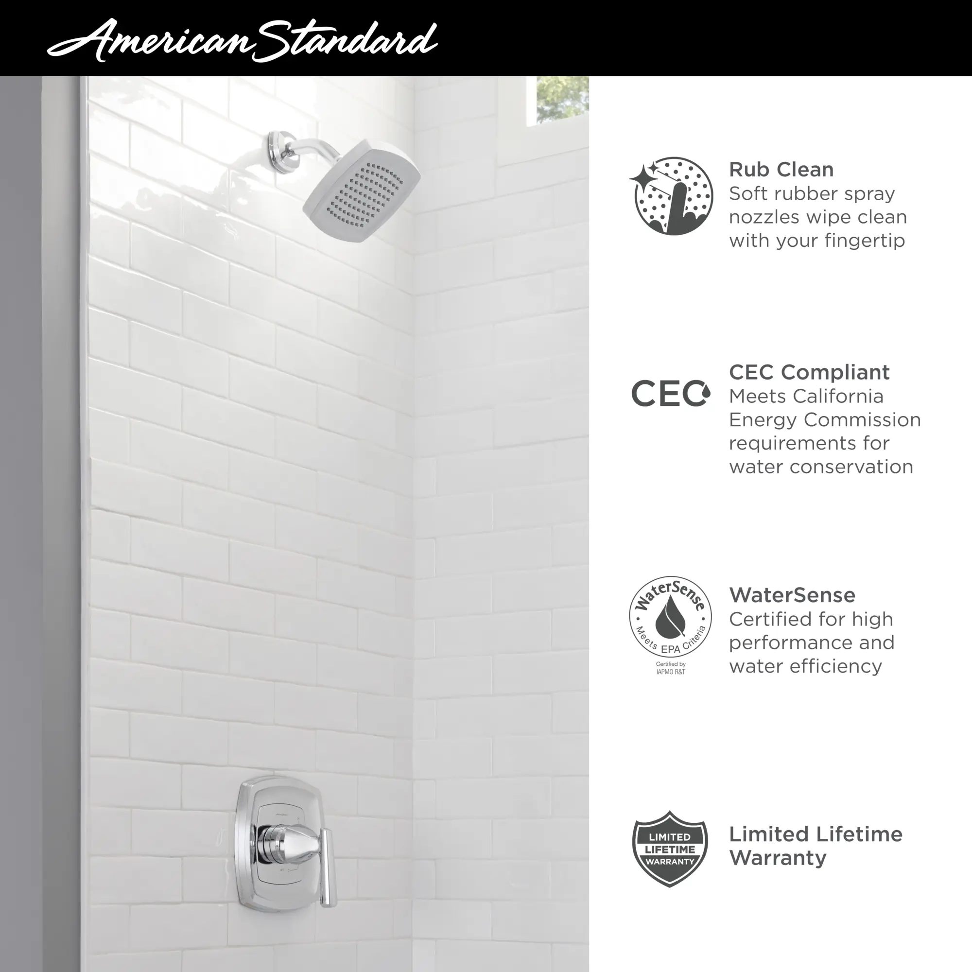 Edgemere® 1.8 gpm/6.8 L/min Shower Trim Kit With Water-Saving Showerhead, Double Ceramic Pressure Balance Cartridge With Lever Handle - Image 10