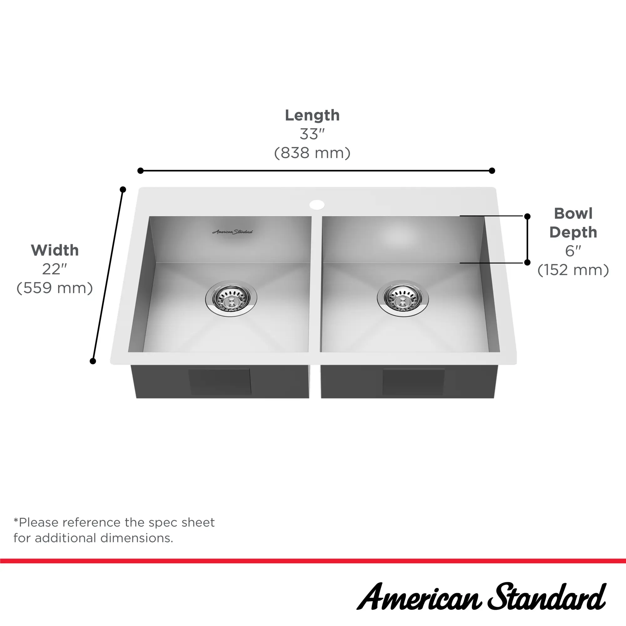 Edgewater® 33 x 22-Inch Stainless Steel 1-Hole Dual Mount Double-Bowl ADA Kitchen Sink - Image 6