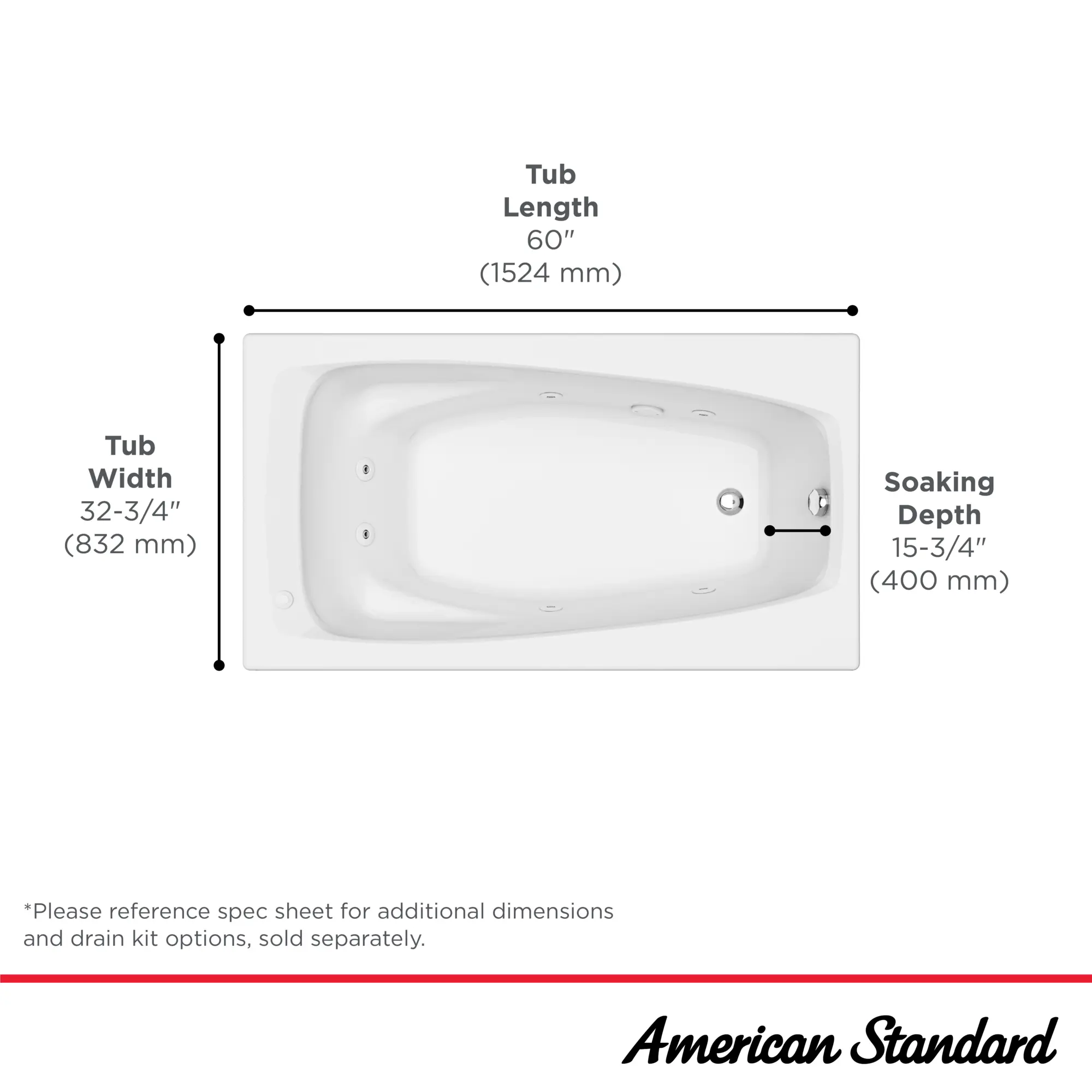 Mainstream 60in x 32in 6-Jet Drop-In Whirlpool Tub - Image 13