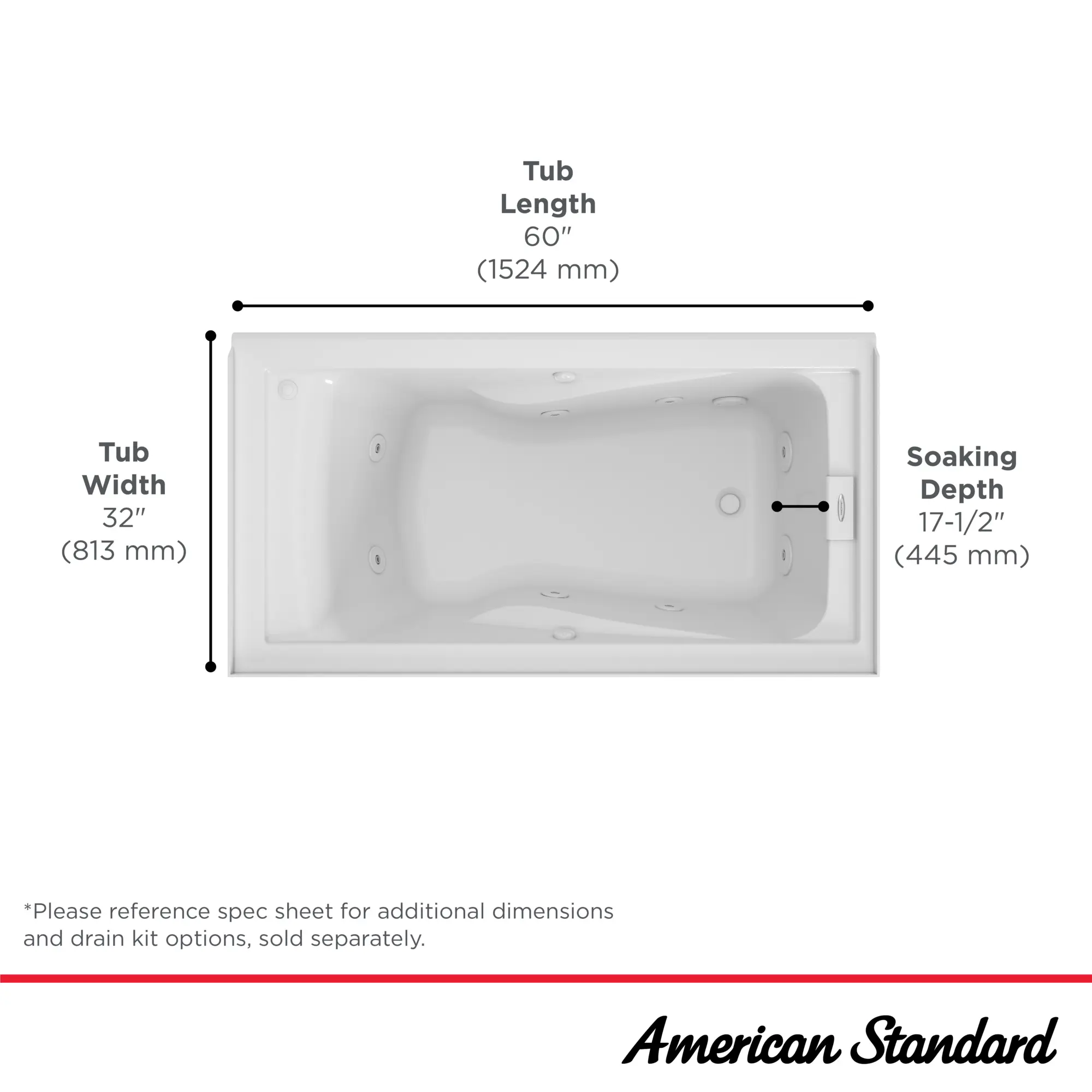 Mainstream 60in x 32in 8-Jet Whirlpool Tub with Right-Hand Drain - Image 10