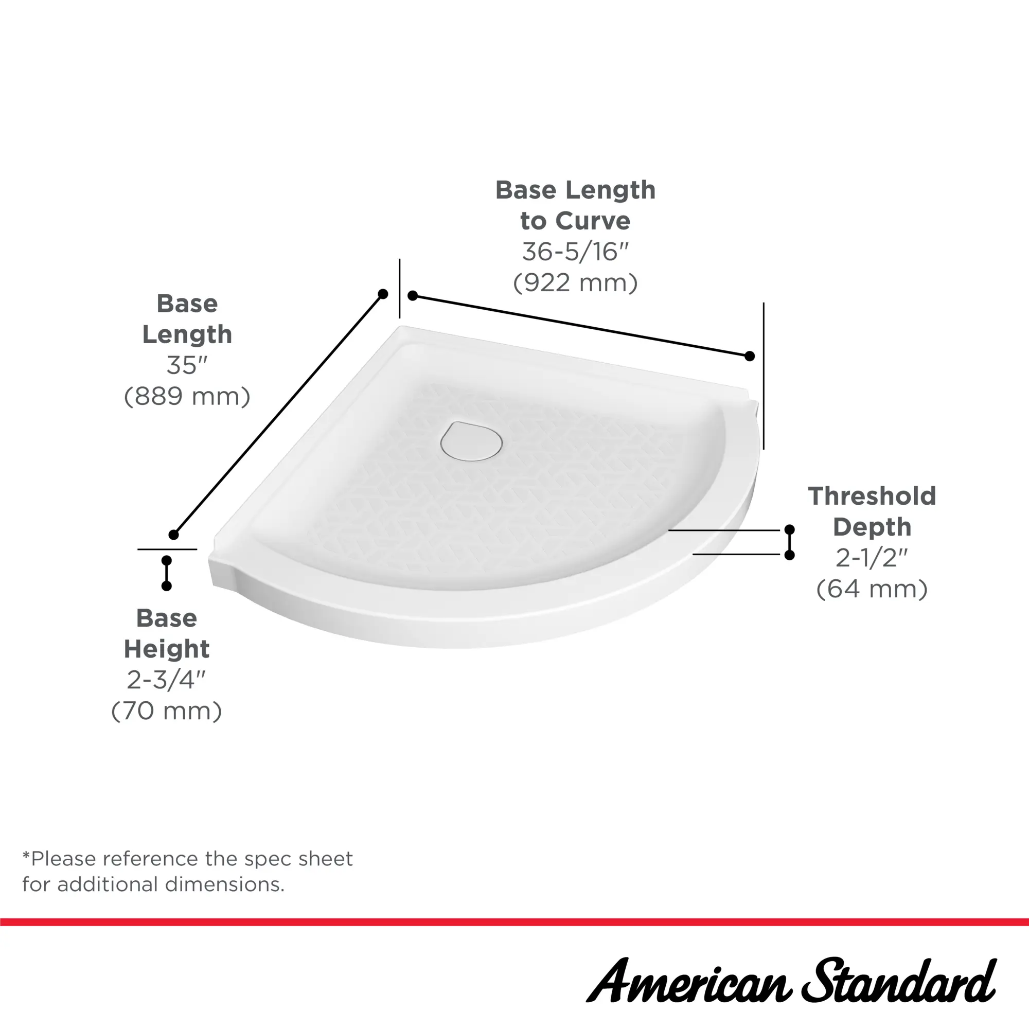 Ovation Curve 36-inch Corner Shower Base with Center Drain Outlet - Image 15