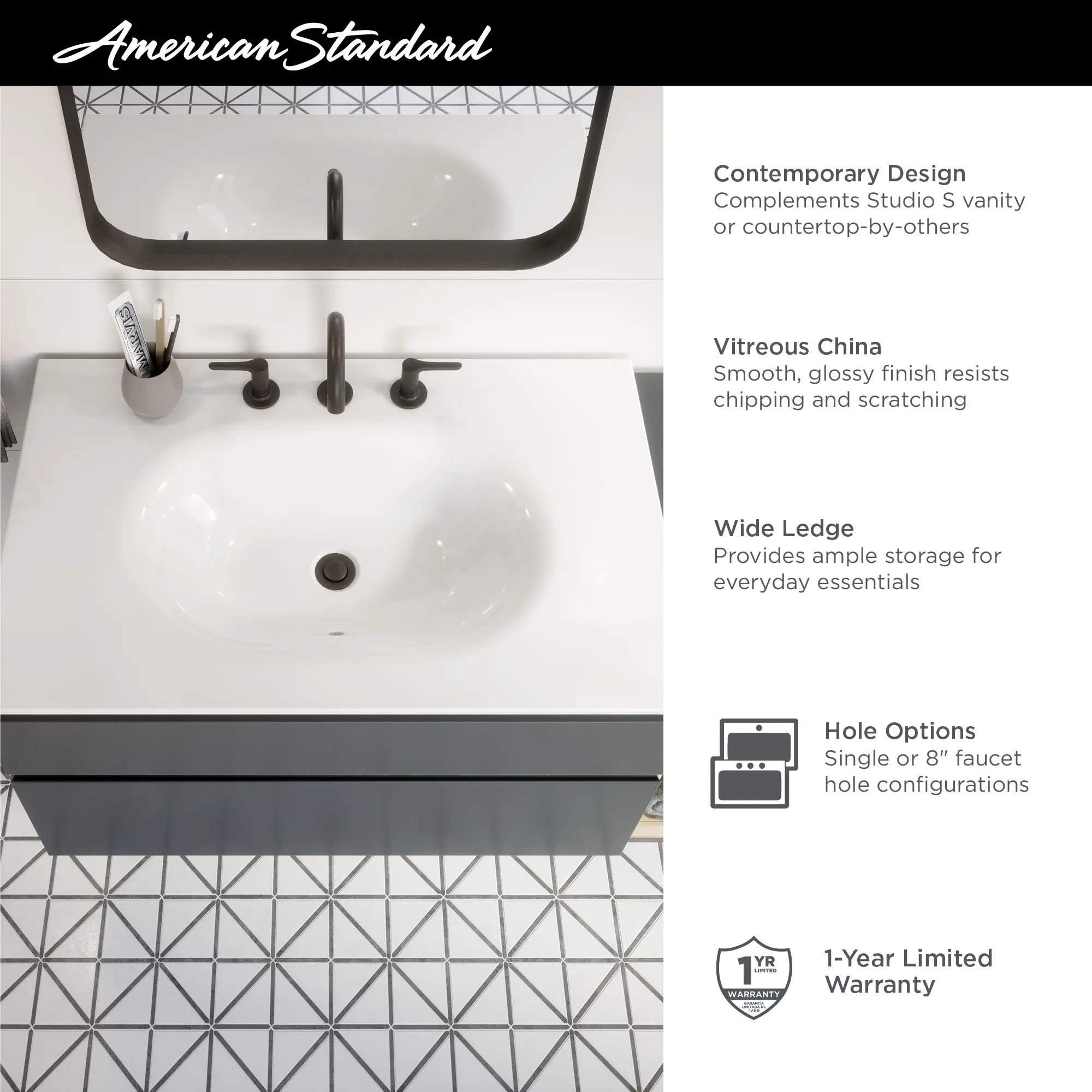 Studio® S 24-Inch Vitreous China Vanity Sink Top Center Hole Only - Image 14