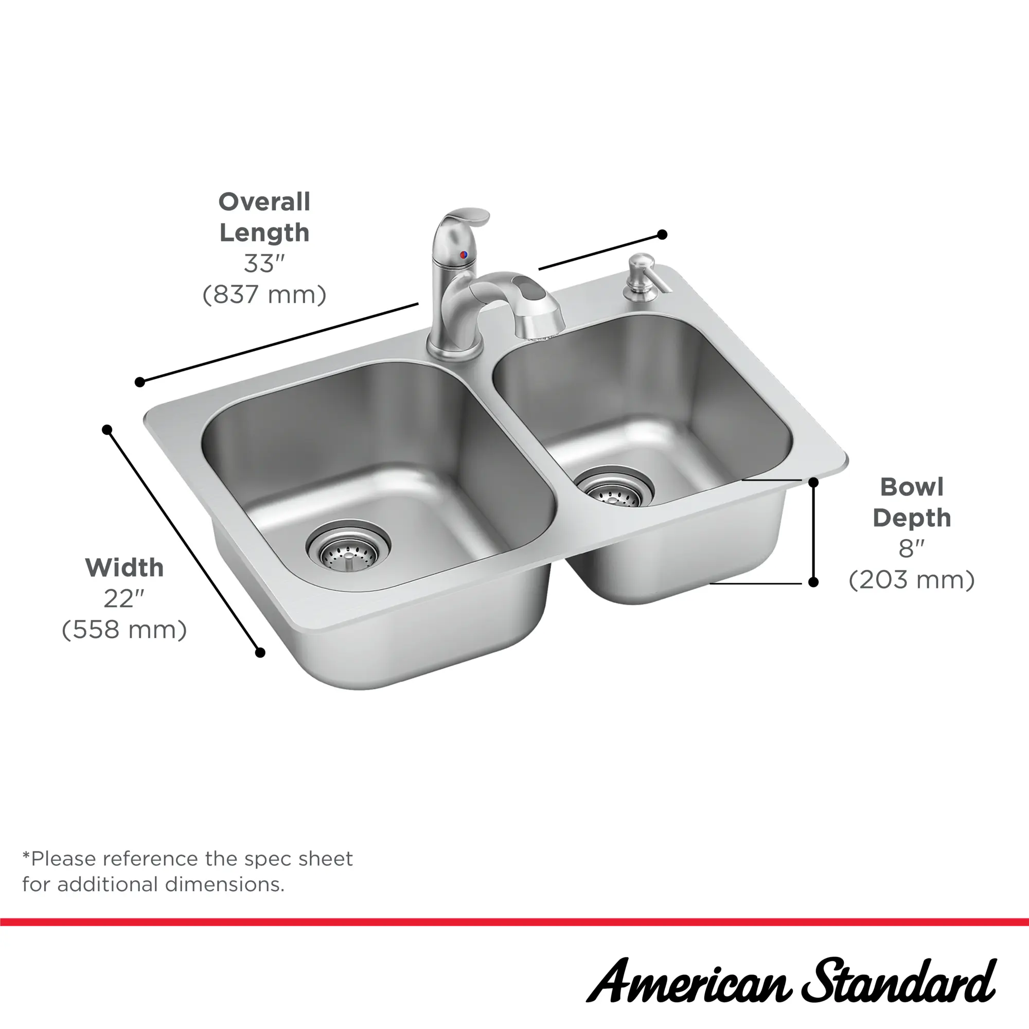Sullivan® 33-in x 22-Inch Stainless Steel Double-Bowl Drop-In Kitchen Sink with Faucet and Soap Dispenser - Image 9