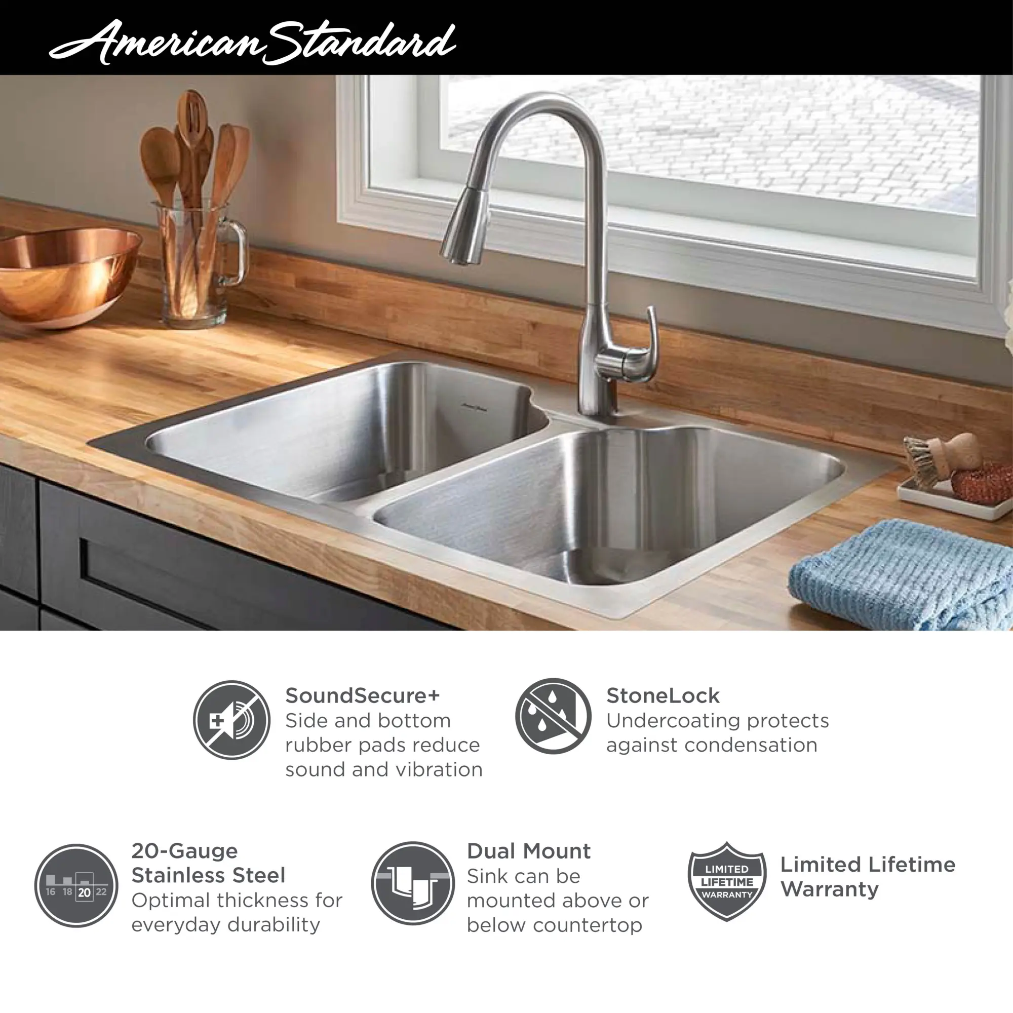 Tulsa® 33 x 22-Inch Stainless Steel Drop-In Or Undermount Double-Bowl Residential Kitchen Sink With Dual-Spray Faucet - Image 5