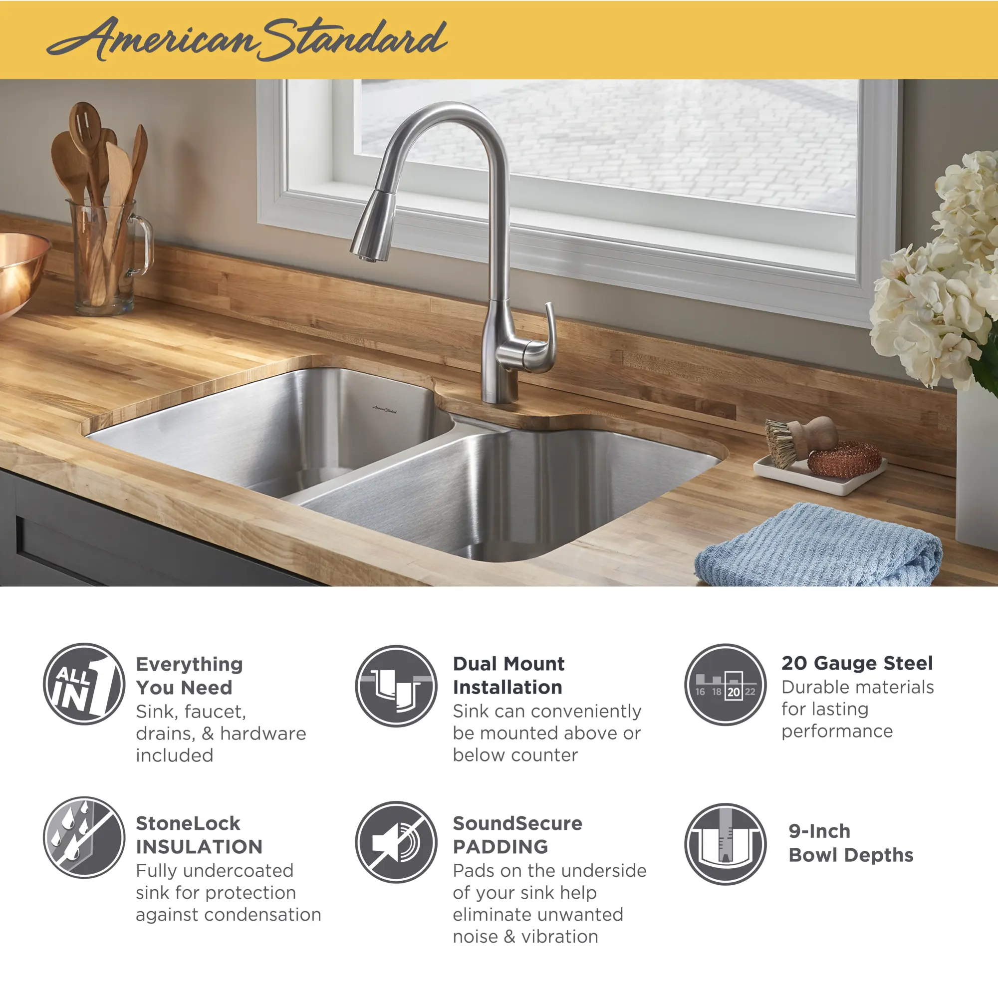 Tulsa® 33 x 22-Inch Stainless Steel Drop-In Or Undermount Double-Bowl Residential Kitchen Sink With Dual-Spray Faucet - Image 8
