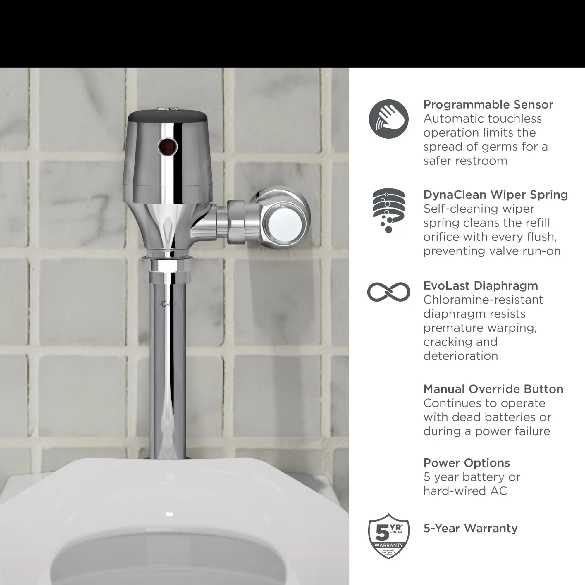 Ultima® Selectronic® Exposed Toilet Flush Valve, Diaphragm Type, Battery, Dual Flush 1.28/1.1 gpf (4.8/4.2 Lpf) - Image 4